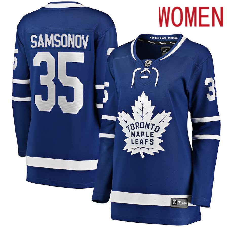 Women Toronto Maple Leafs #35 Ilya Samsonov Fanatics Branded Blue Home Breakaway Player NHL Jersey